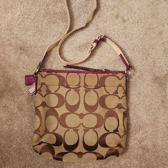 Coach Signature Stripe Crossbody Bag Fuschia Purple & Brown - Picture 4 of 13